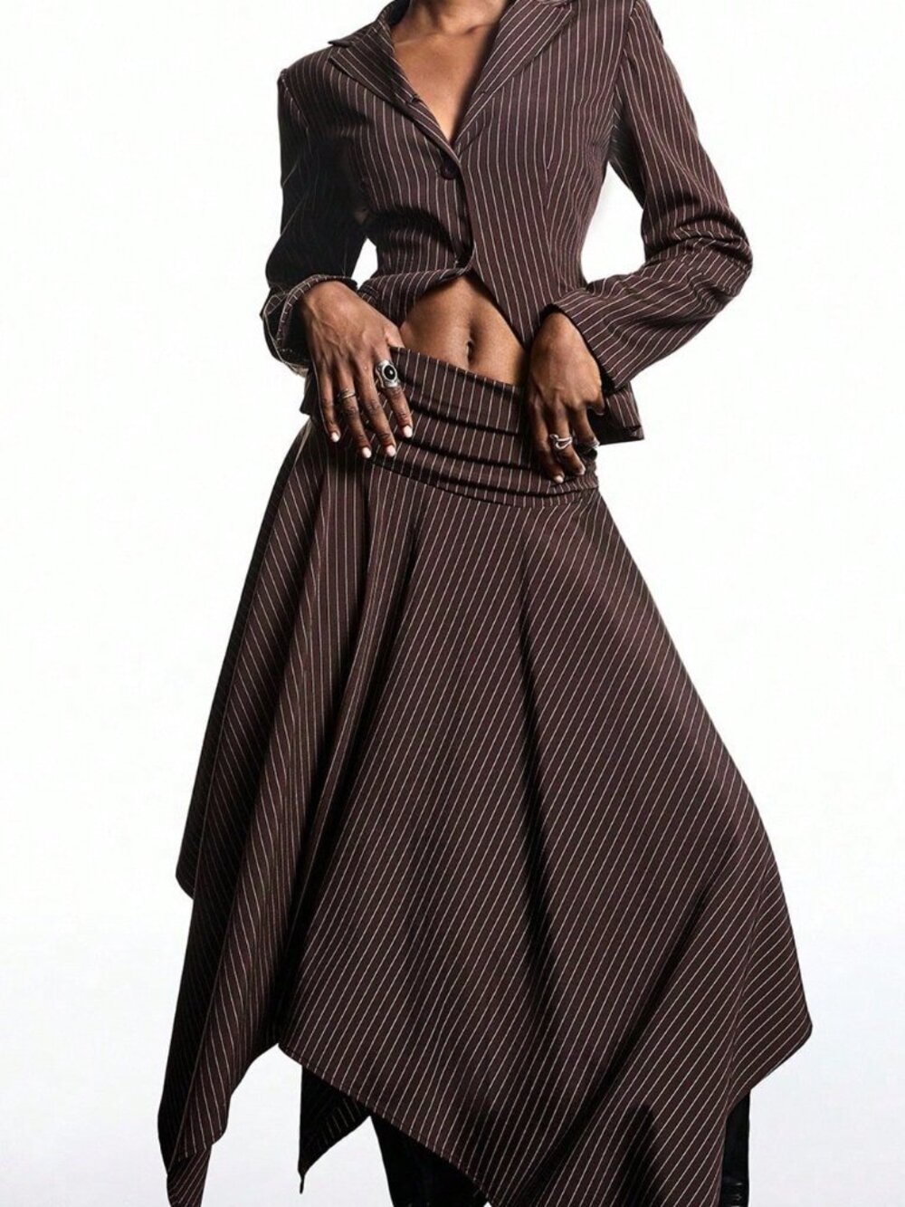 Rust Brown Elegant Women's Stripe Waist-Cinched Blazer Skirt Suit Set - Picture 5 of 7